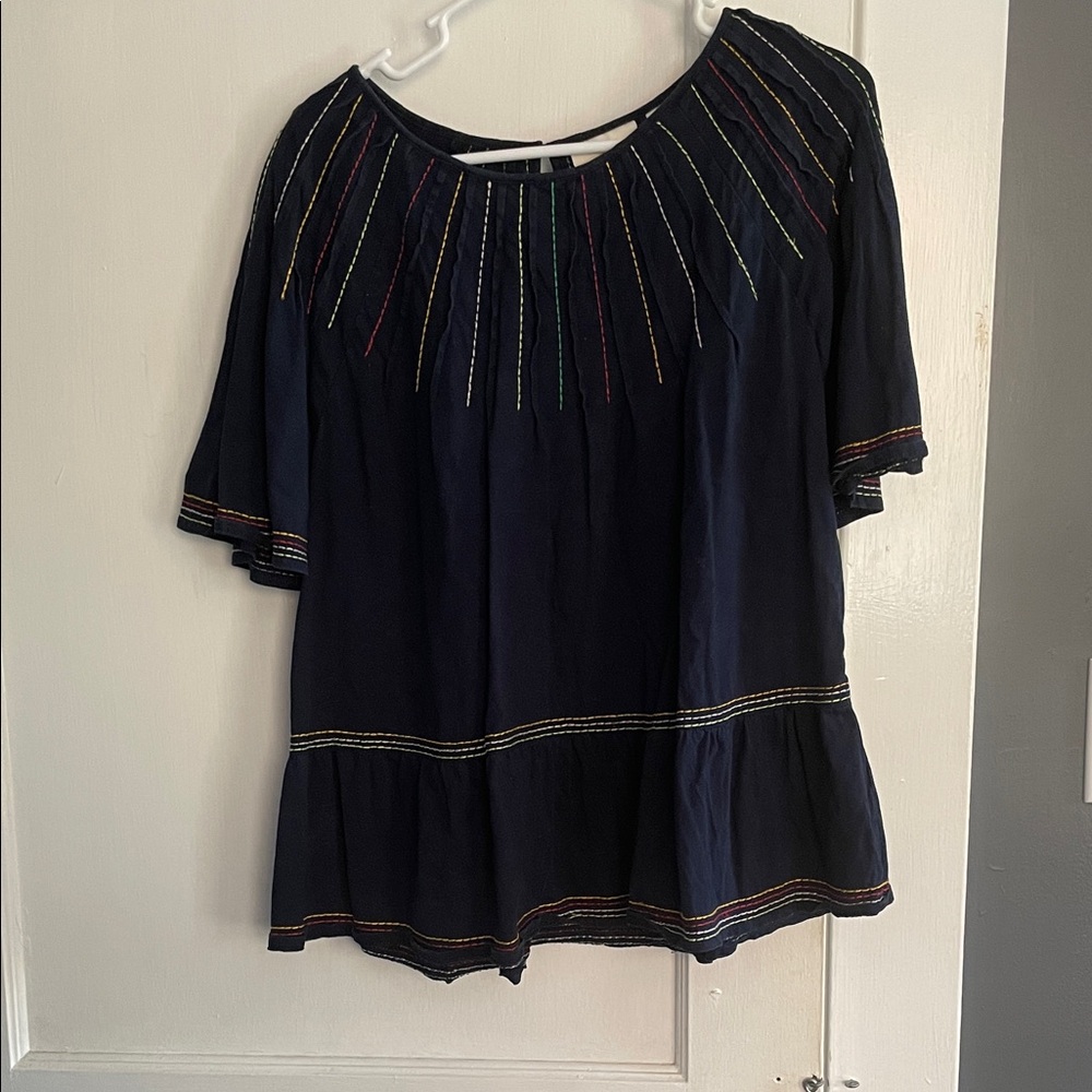 Maeve Navy Blouse with Multicolor Stitching